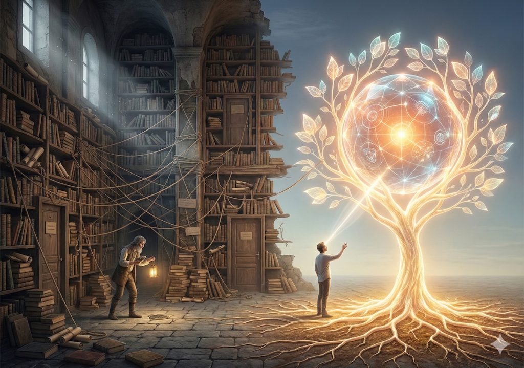 Bibliothèque morne et arbre IA vivant